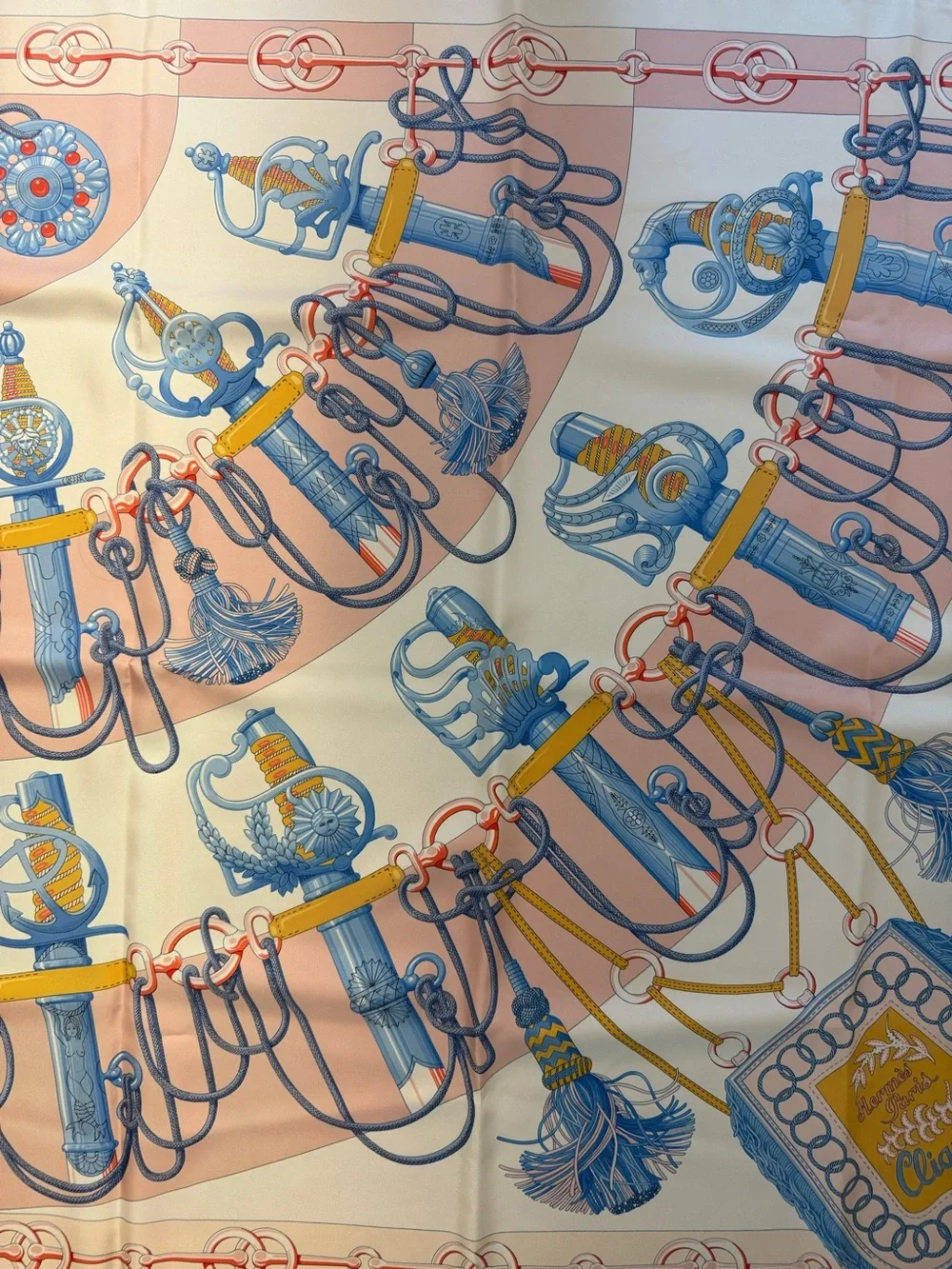 Hermes Silk Scarf in Blue, Pink, Yellow and Cream